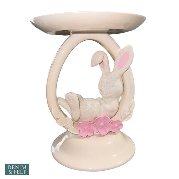 NEW Bath & Body Works White Glitter Bunny Ring Pedestal 3-Wick Candle Holder - Picture 3 of 11